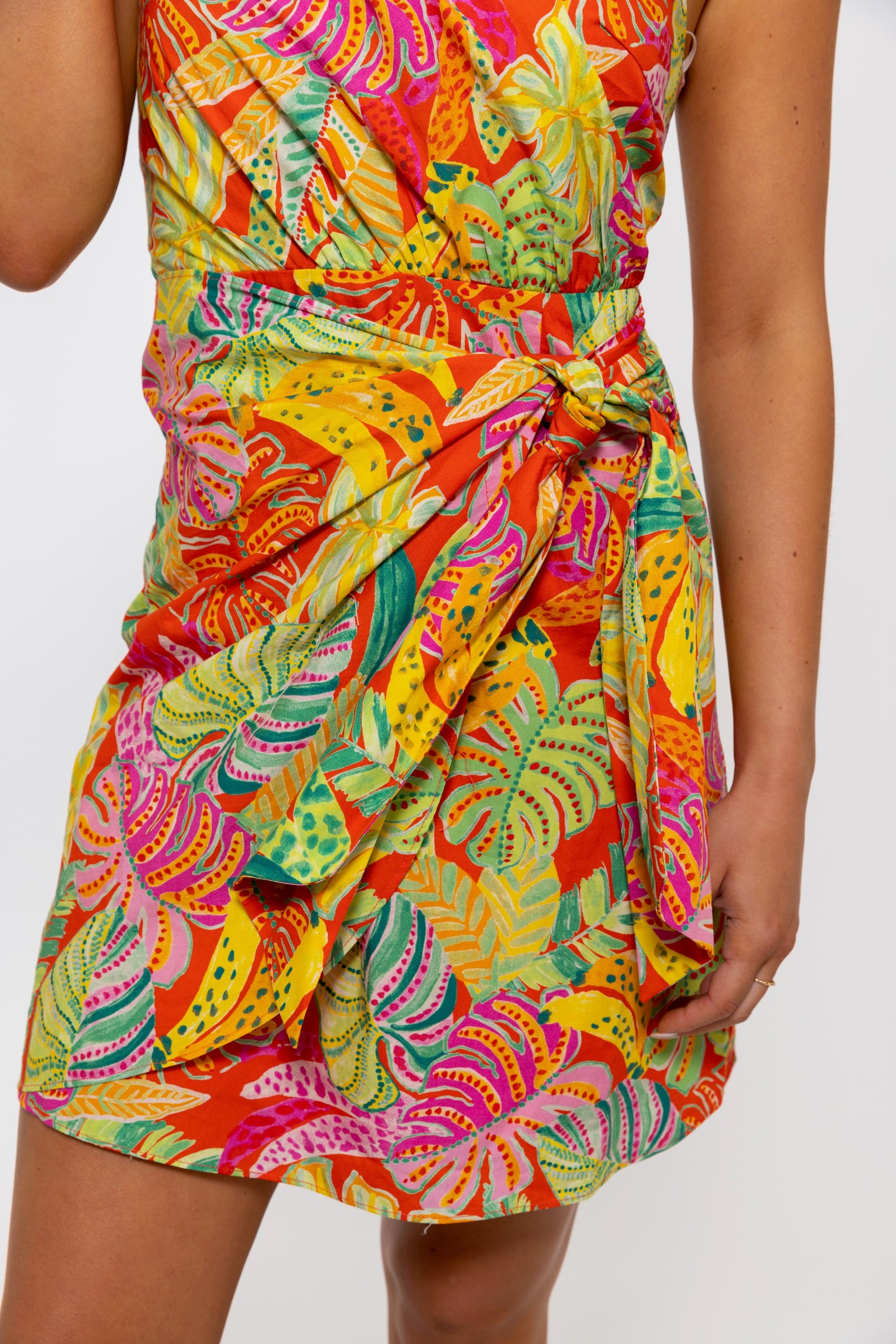 Tropical Palm Bananna Knot Wrap One Shoulder Dress